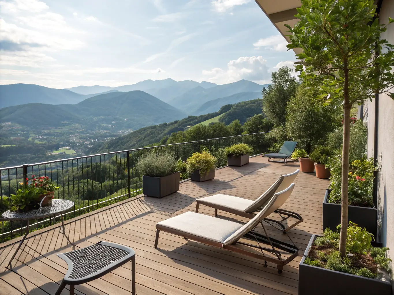 A serene relaxation space at Hotel Praise, featuring comfortable seating, lush greenery, and a breathtaking panoramic view of Cerro Uritorco, inviting guests to unwind and connect with nature.